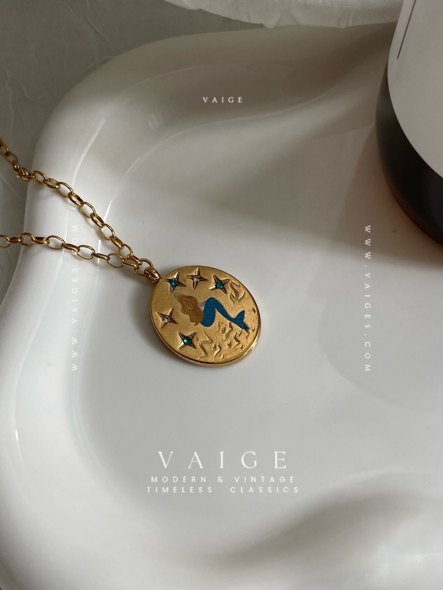 VAIGE Mermaid Tarot Charm 18K Gold Plated Stainless Steel Necklace