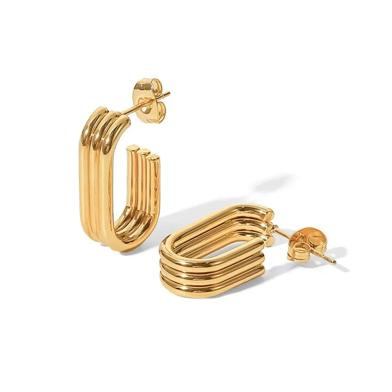 VAIGE Three-Layer U-Shaped Open Earrings in Stainless Steel with 18k PVD Gold Plating - Vintage Classic Geometric Design