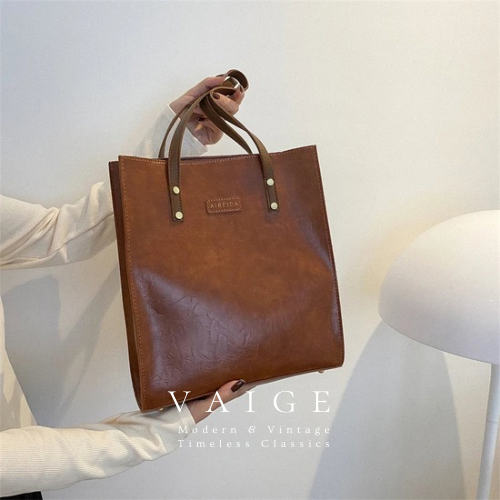 VAIGE Luxe Vintage Vegan Leather Tote in Classic Black and Elegant Beige