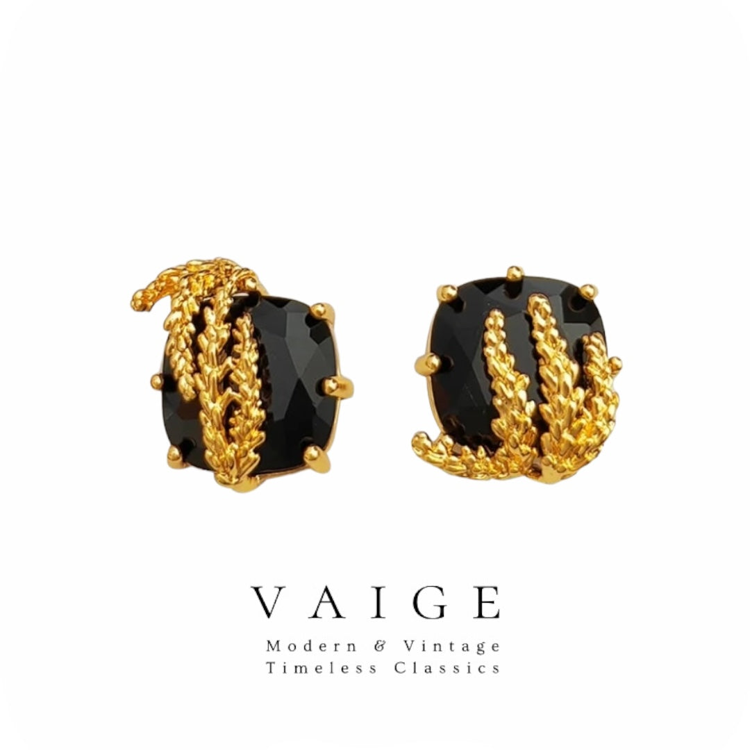 VAIGE Black Glass & Gold Leaf Asymmetrical Drop Earrings