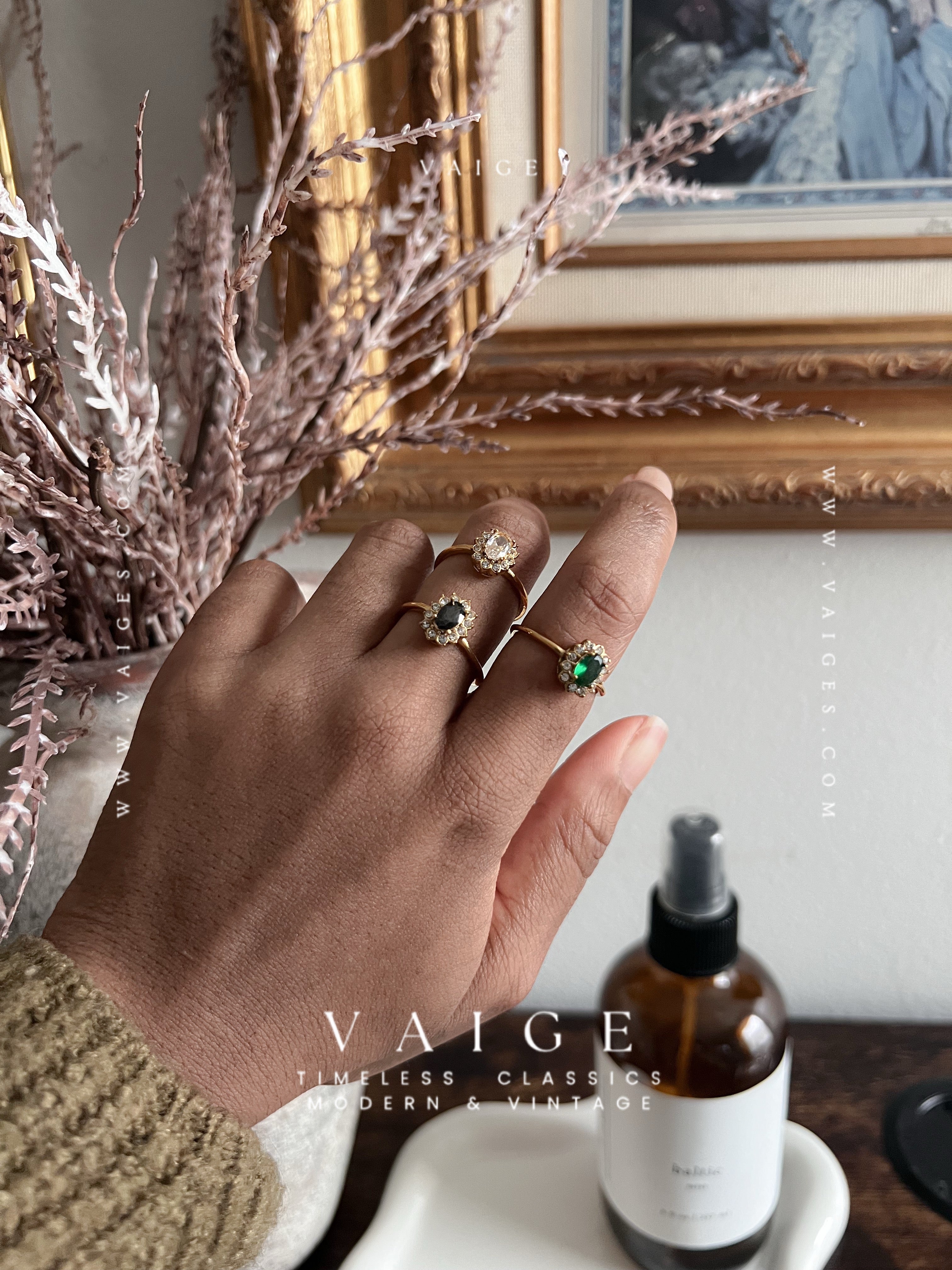 VAIGE Oval Floral Cubic Zirconia Green Black Clear Stone Ring Adjustable