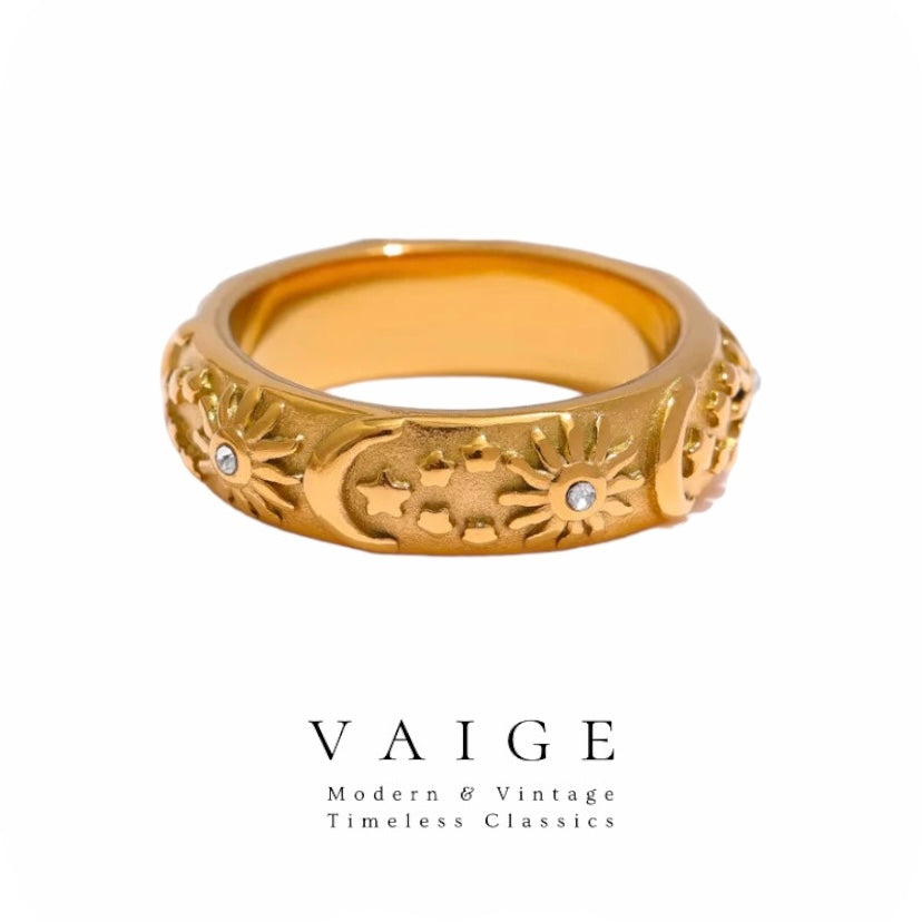 VAIGE Radiant Gold Sun, Star & Moon Stainless Steel Ring