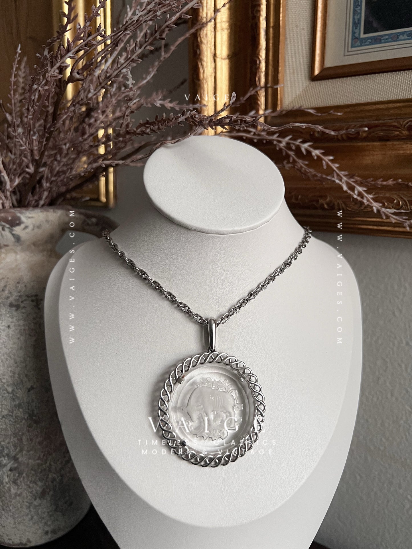 VAIGE One Of One | Vintage Circle Coin Silver Zodiac Necklace Taurus Glass Engraved