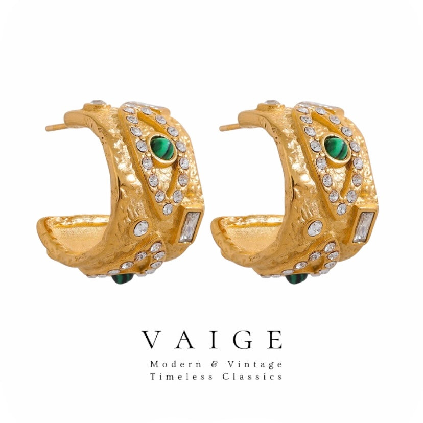 VAIGE Elegant Gold and Silver Green Eye Open Hoop Earrings with Zirconia