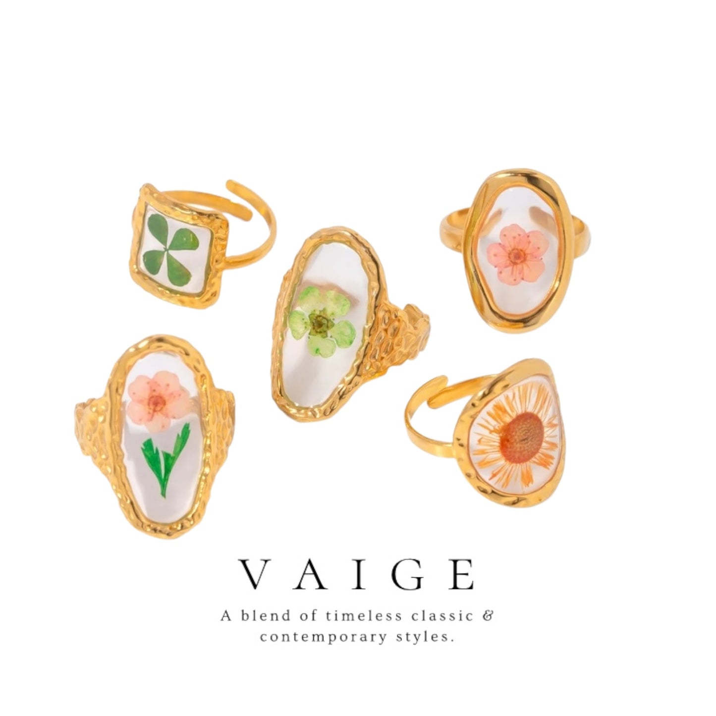 VAIGE Elegant Dried Flower Resin Ring with 18K Gold & Adjustable Stainless Steel - Vintage Charm in [Color]