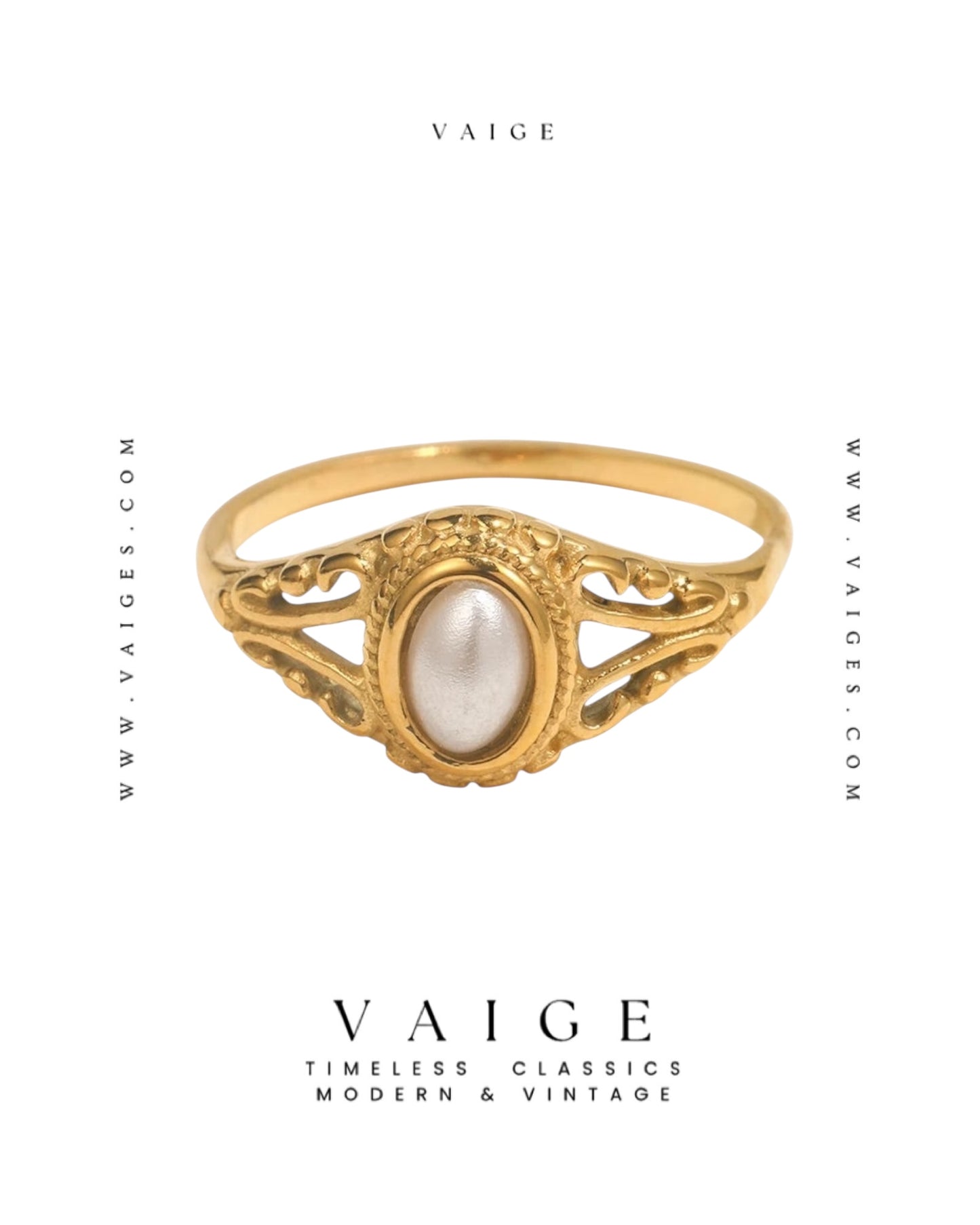 VAIGE  Gold Texture Freshwater Pearl Ring Stainless Steel