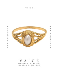 VAIGE  Gold Texture Freshwater Pearl Ring Stainless Steel