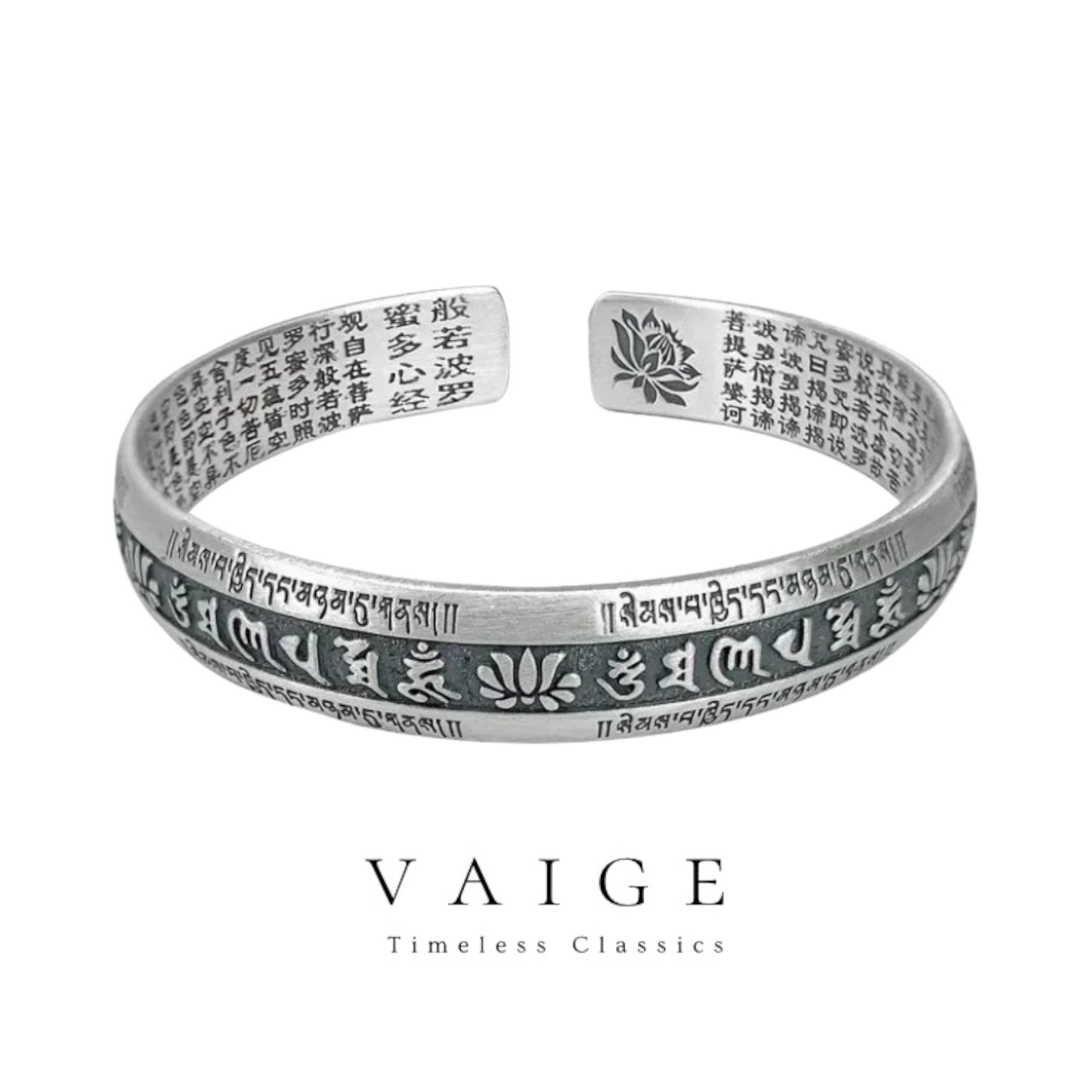 VAIGE Elegant Silver Heart Lotus Flower Cuff Bracelet in Classic Silver