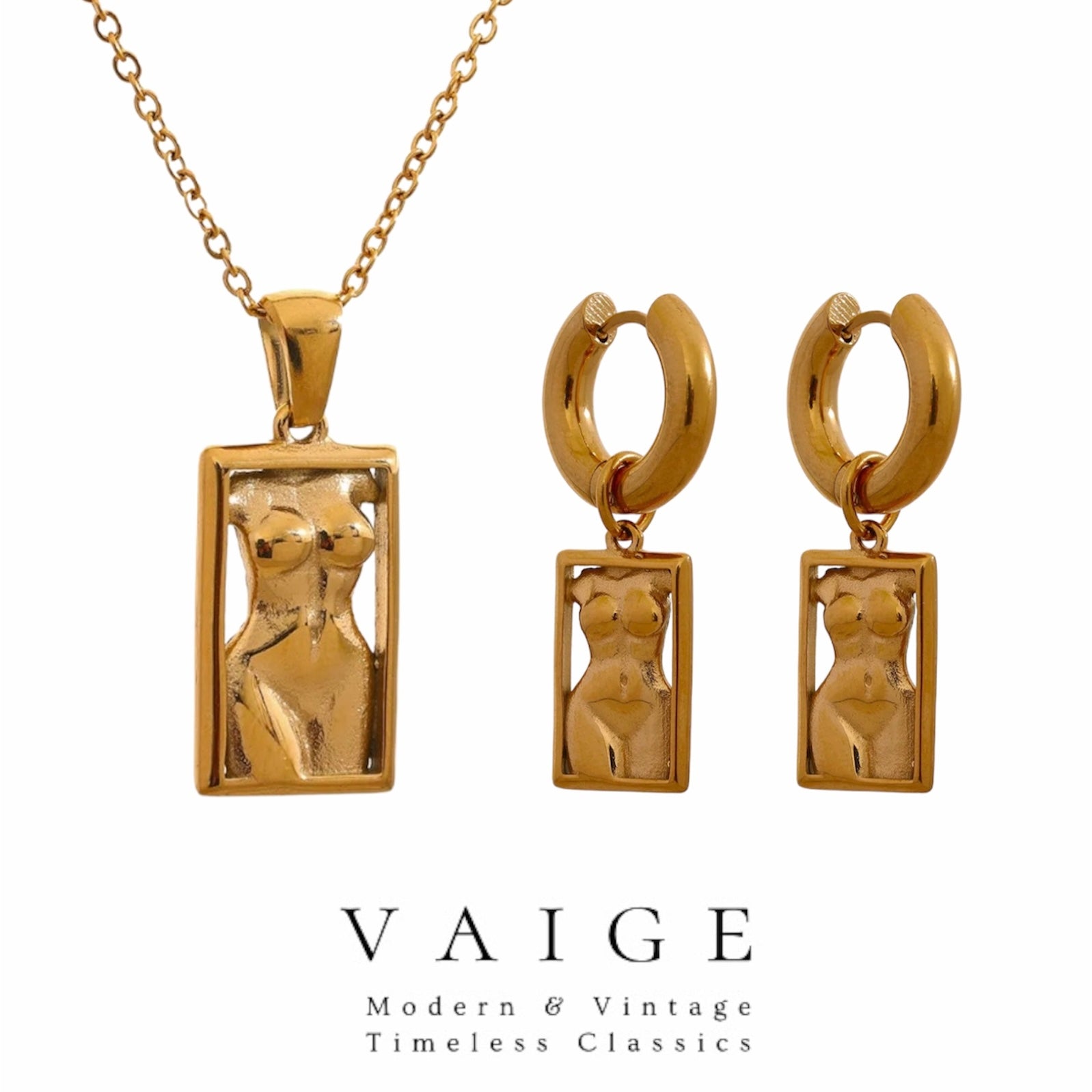 VAIGE Elegant Gold Woman Body Silhouette Pendant Necklace & Hoop Earrings Set in Stainless Steel