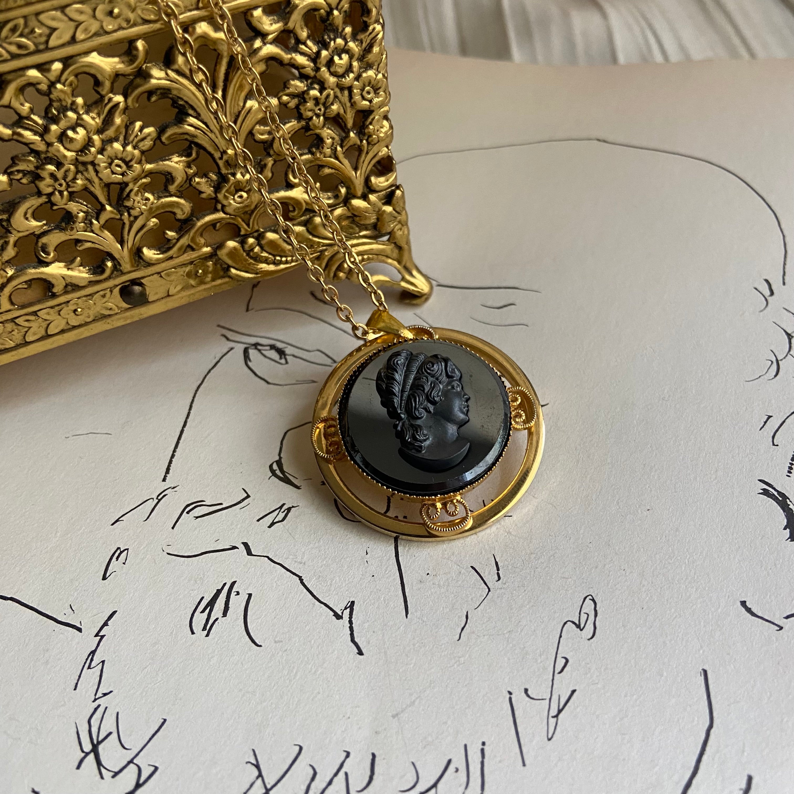 gold black carved cameo lady brooch pin  necklace • 18in — Vivian Vintage Collection • only 1 available • View all photos; item is thrifted/vintage and may show flaws: (  )