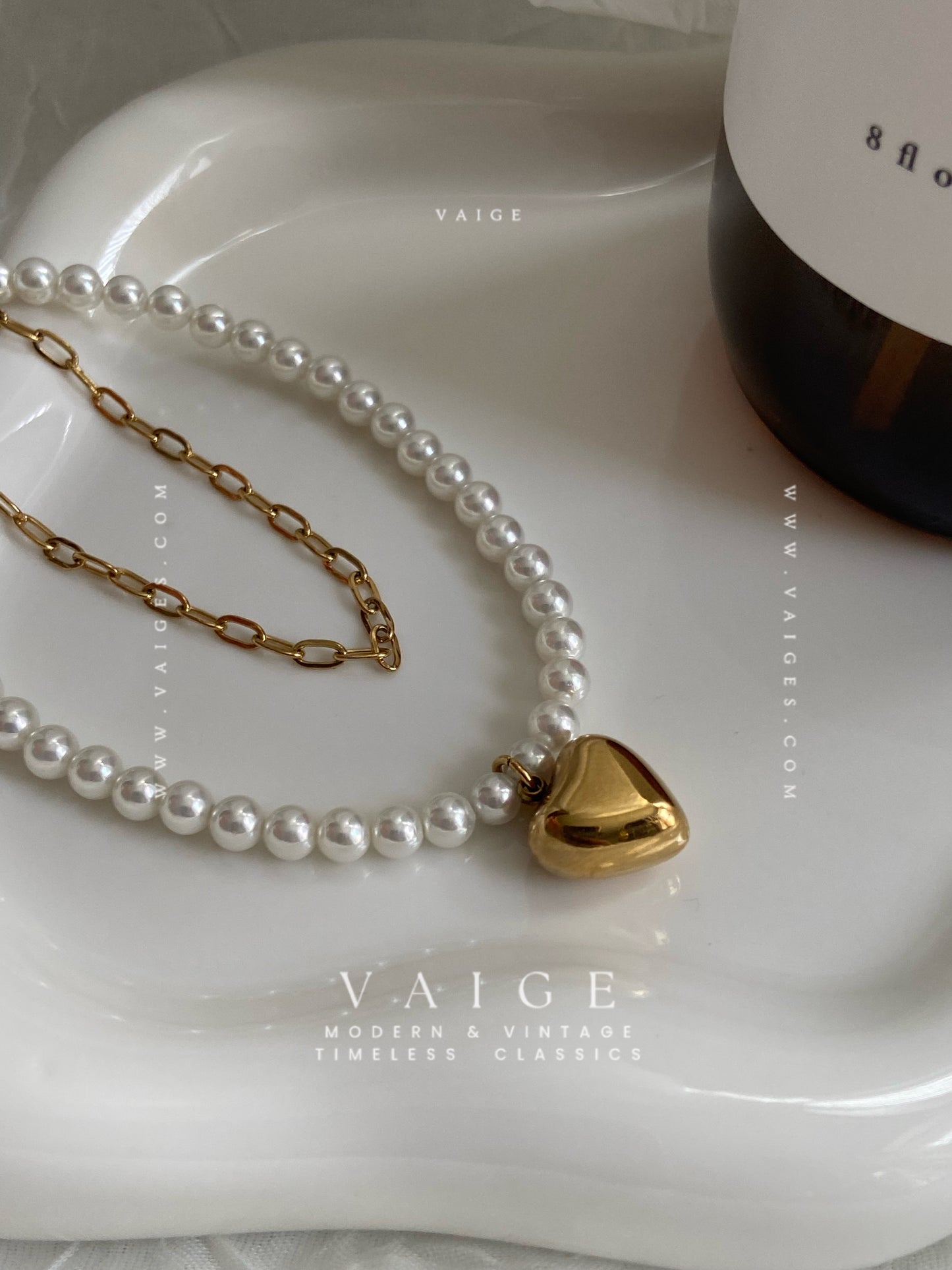 VAIGE 18K Gold Plated SS Pearl Beaded Heart Pendant Necklace