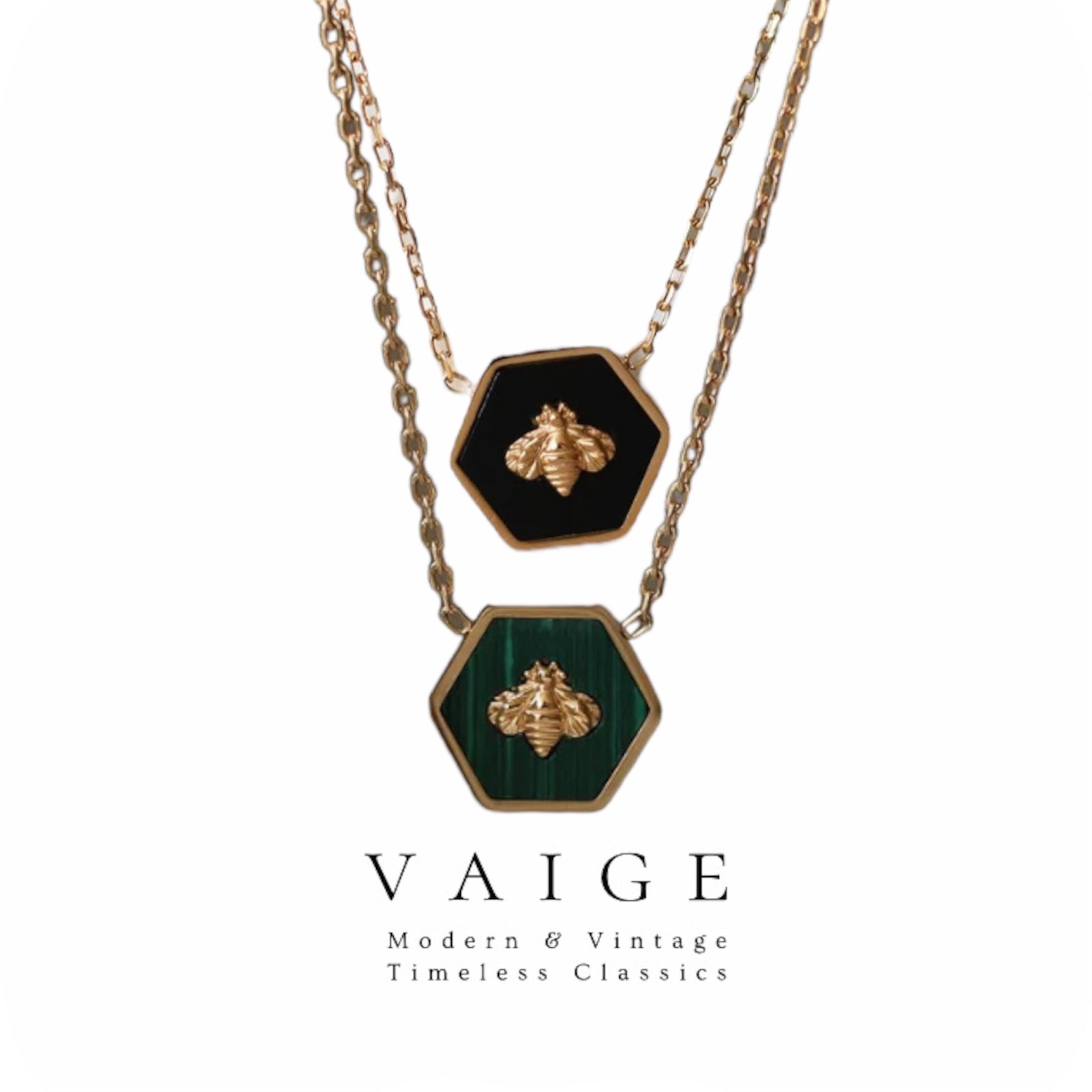 VAIGE Elegant Hexagon Honeycomb Bee Necklace in Black, Green, and Gold Stainless Steel