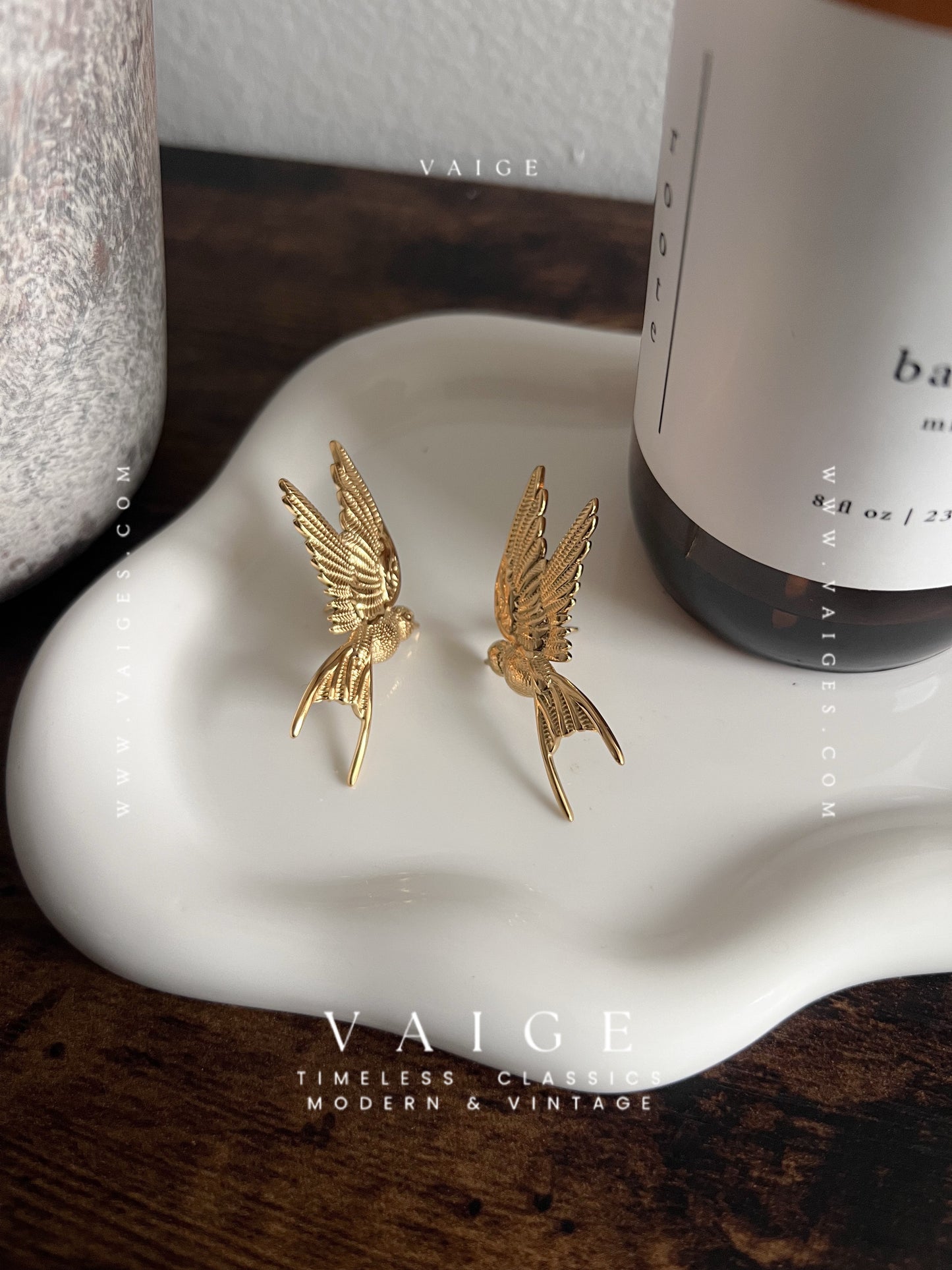 VAIGE Gold Stainless Steel Bird Dove Hummingbird Necklace Ring Earrings Jewelry Set