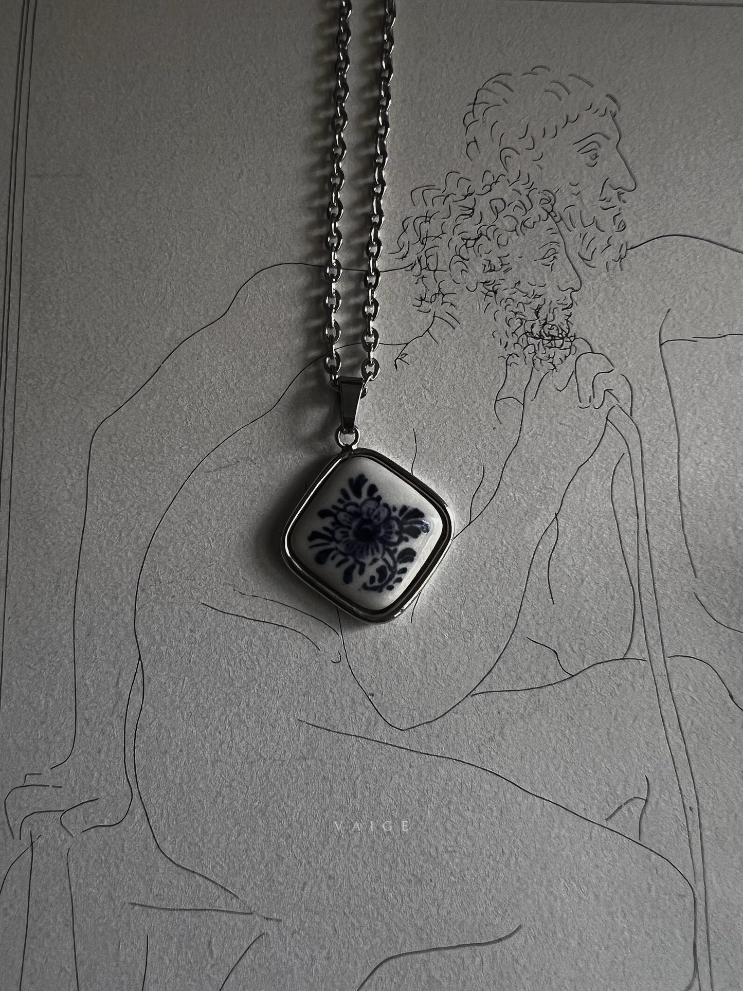 VAIGE One of One |  Vintage Blue Flower Ceramic Hoffman Silver Necklace