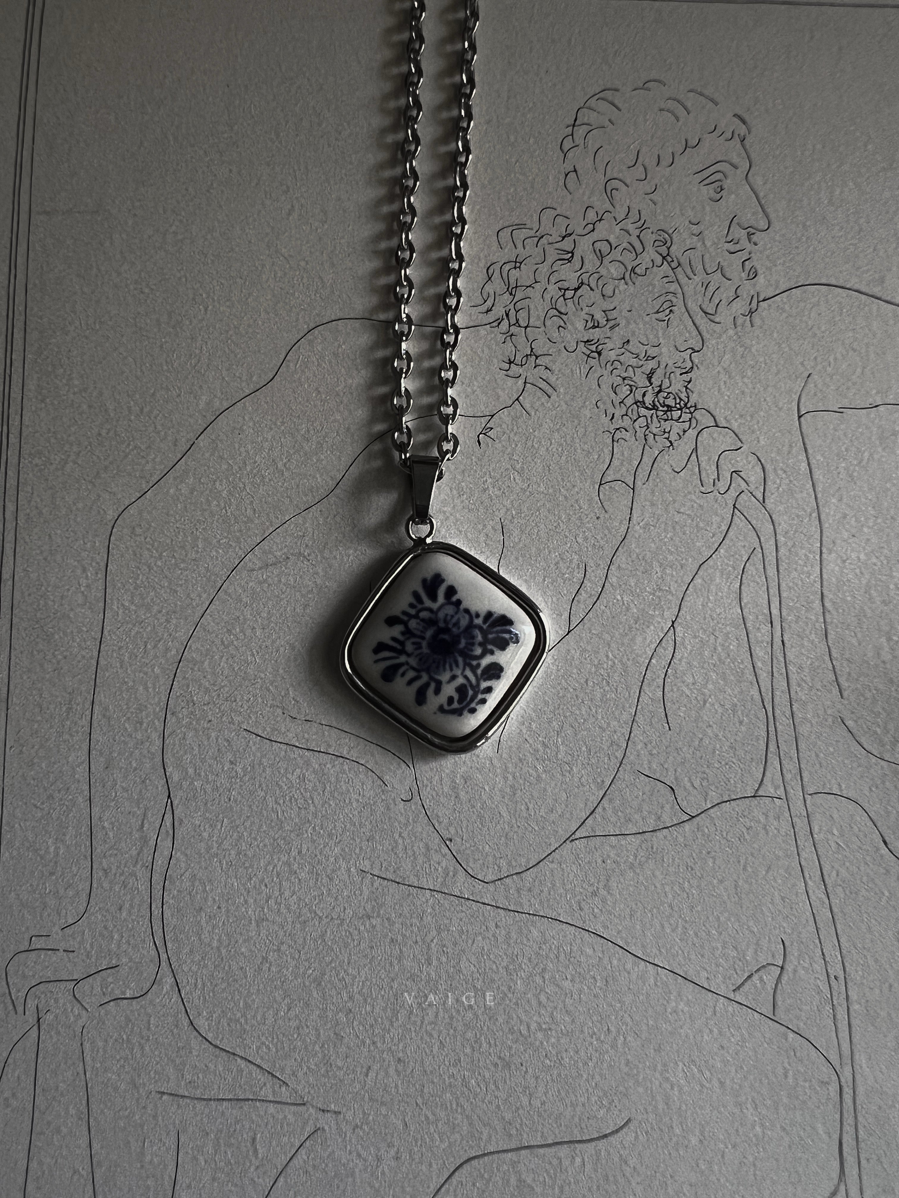 VAIGE One of One |  Vintage Blue Flower Ceramic Hoffman Silver Necklace