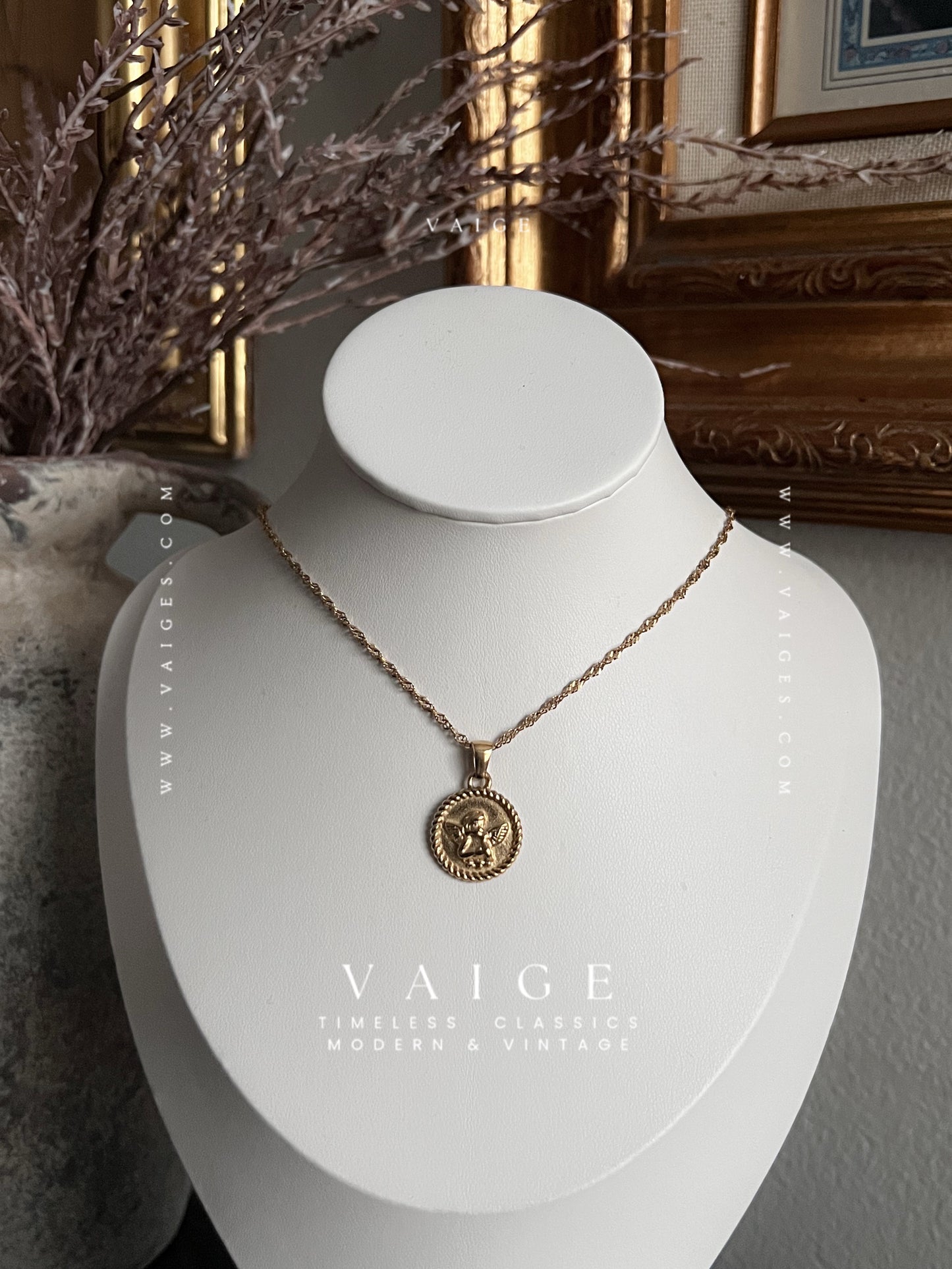 VAIGE Stainless Steel Angel Cherub Coin Necklace Gold