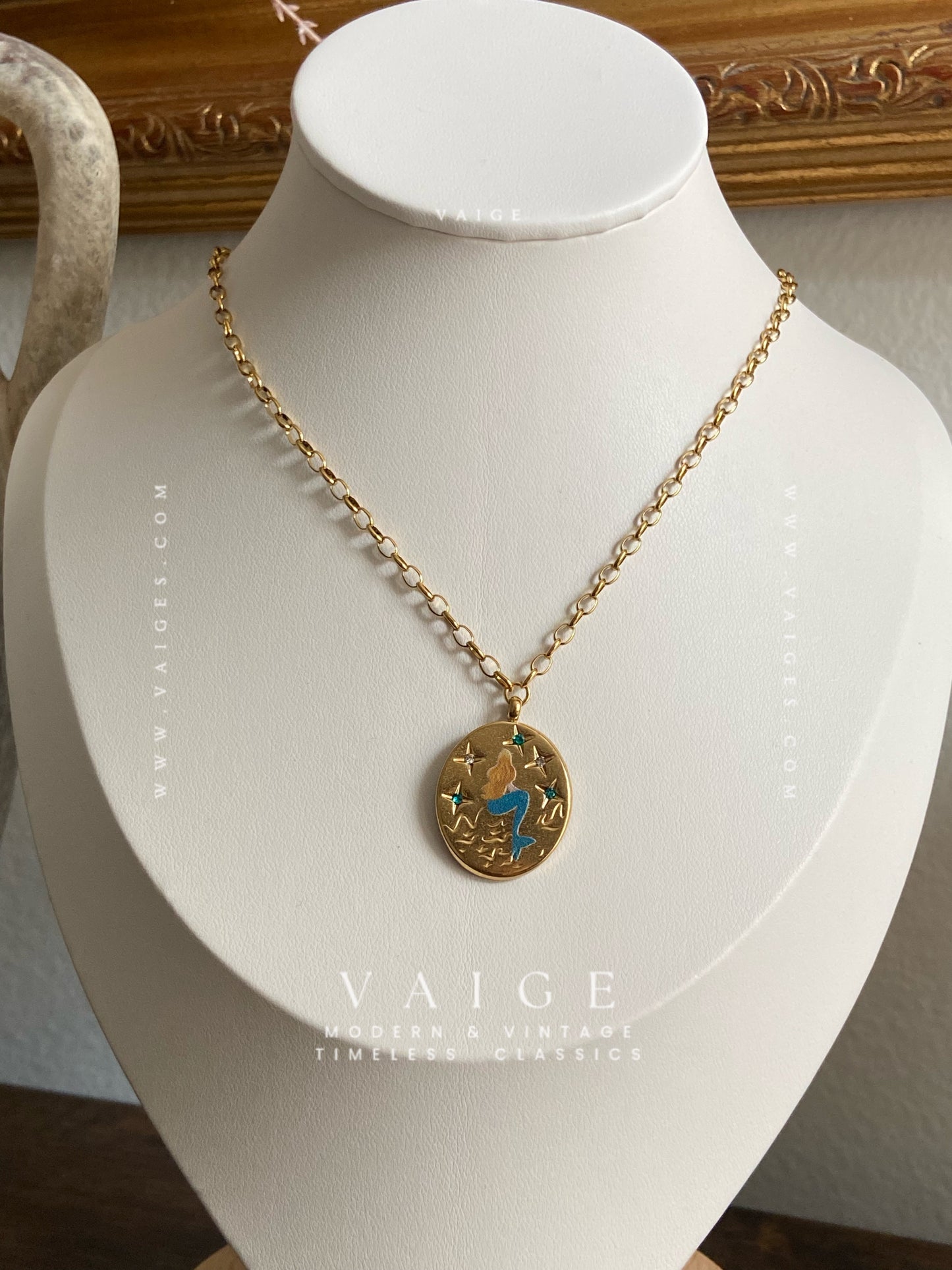 VAIGE Mermaid Tarot Charm 18K Gold Plated Stainless Steel Necklace