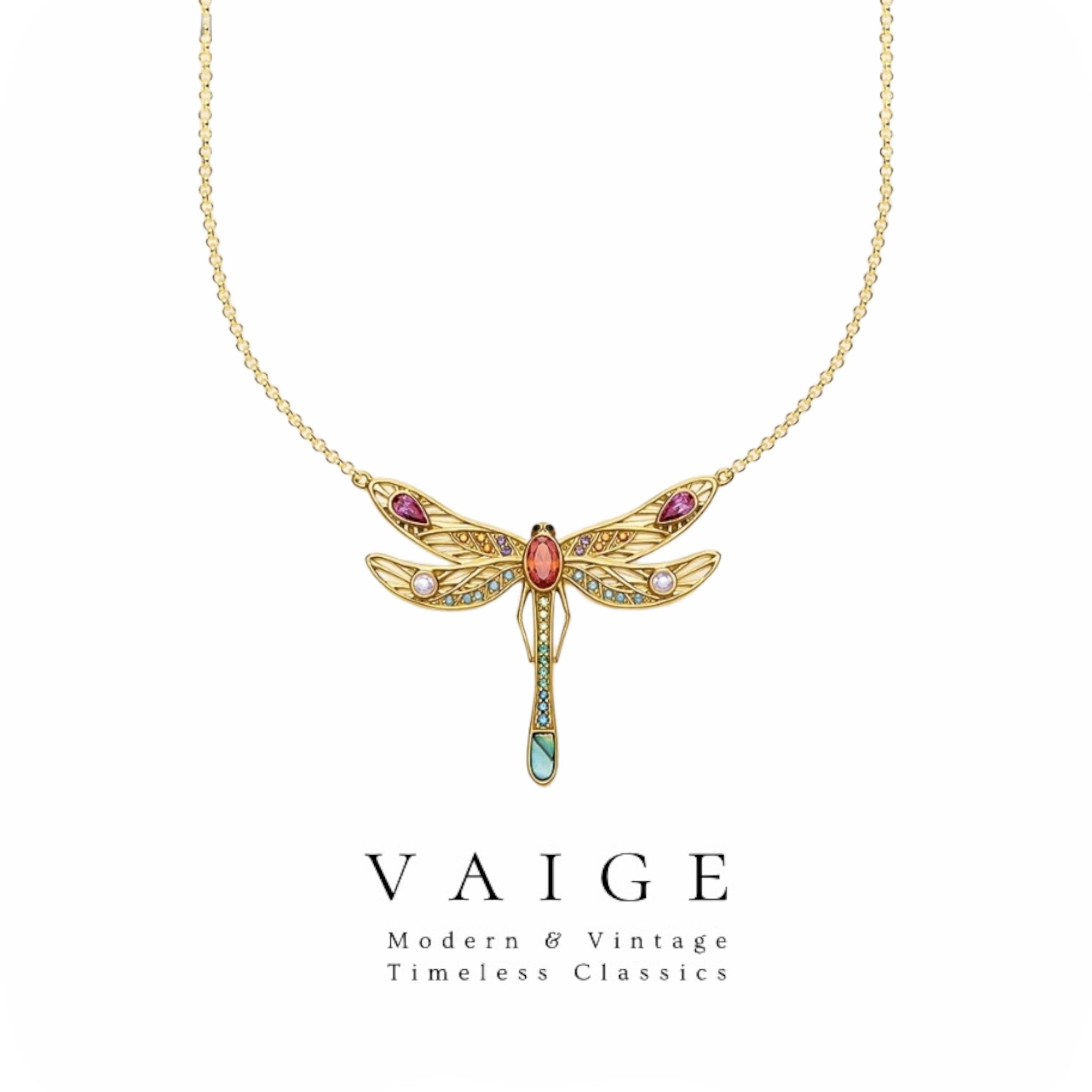 VAIGE Enchanting Large Silver Dragonfly Necklace with Zircon Accent