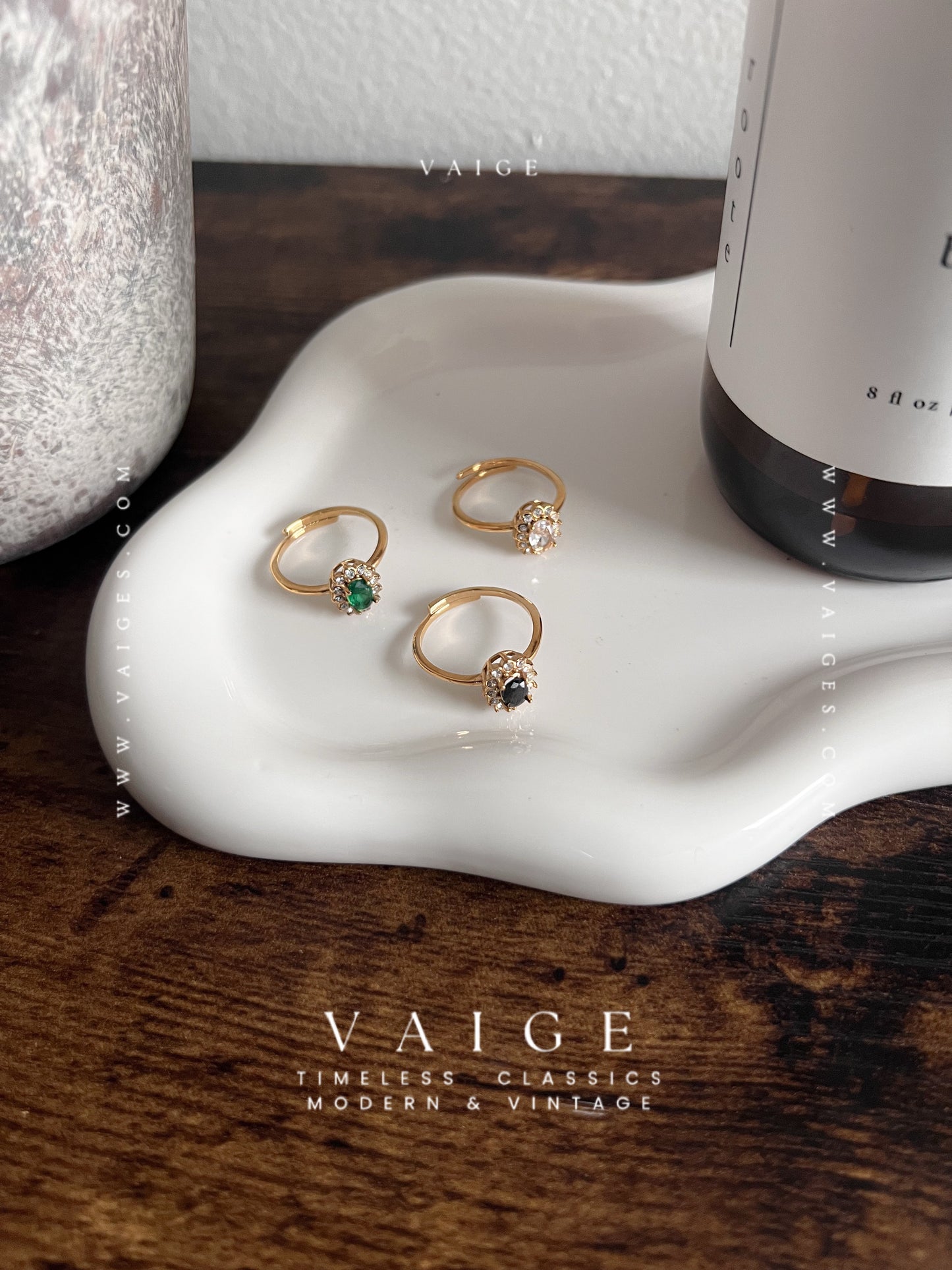 VAIGE Oval Floral Cubic Zirconia Green Black Clear Stone Ring Adjustable