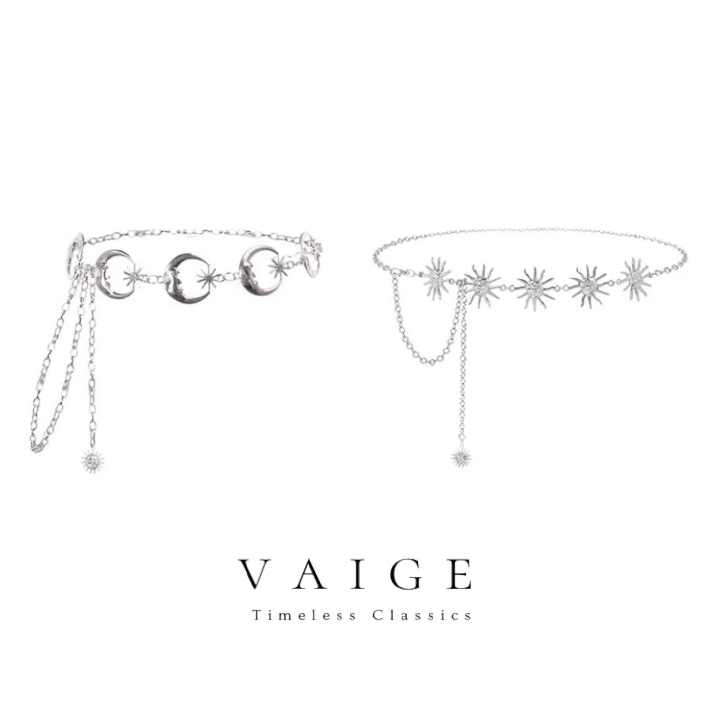 VAIGE Luxe Gold & Silver Moon Sun Chain Belt - Vintage Elegance for All Occasions