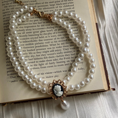 Layered Pearl Black Cameo Lady Choker Necklace