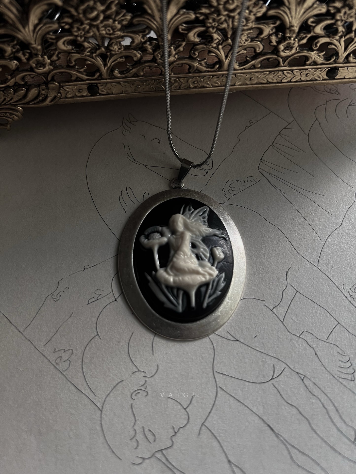 VAIGE Fairy on Flower Cameo Silver Necklace