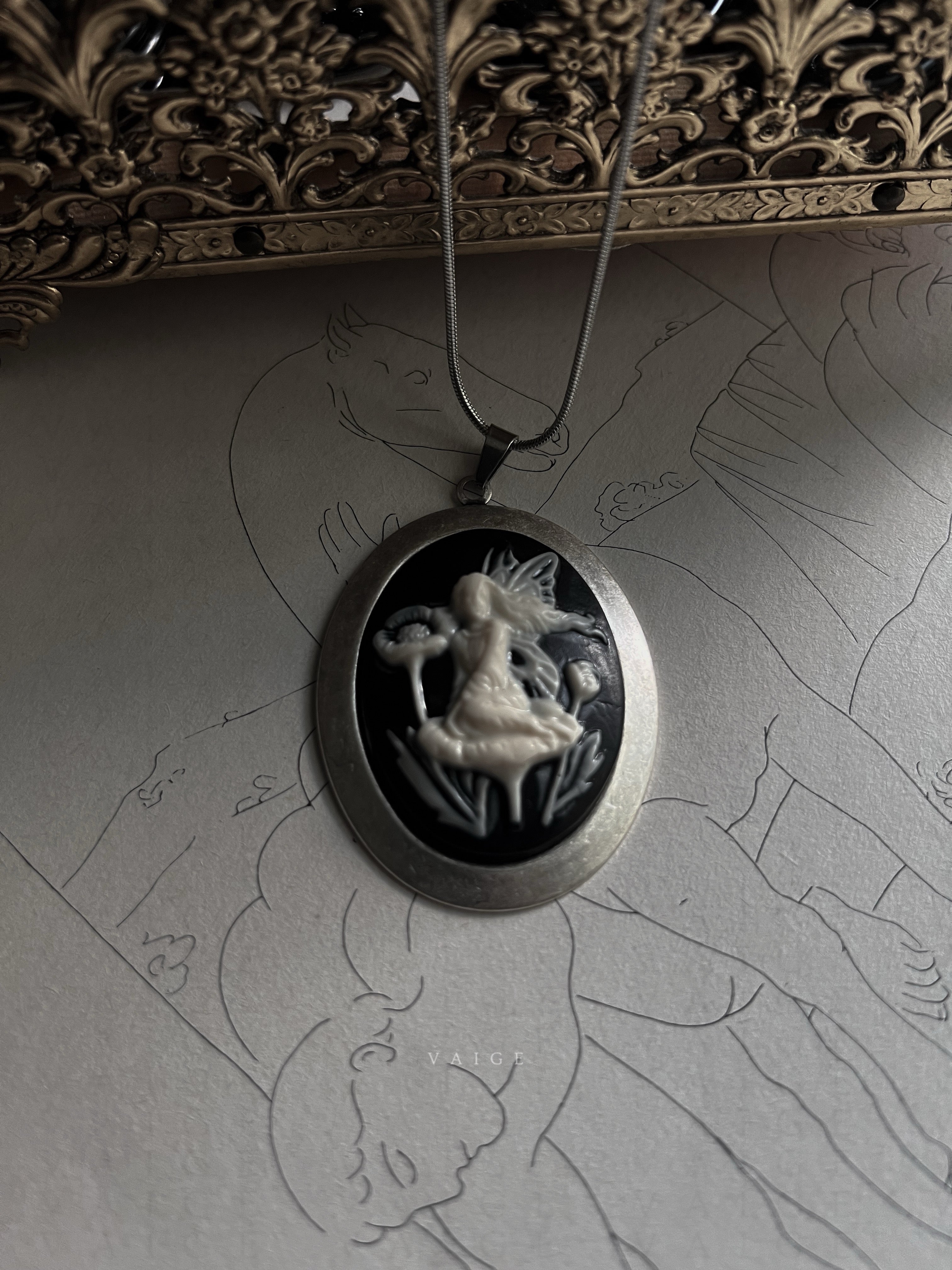 VAIGE Fairy on Flower Cameo Silver Necklace