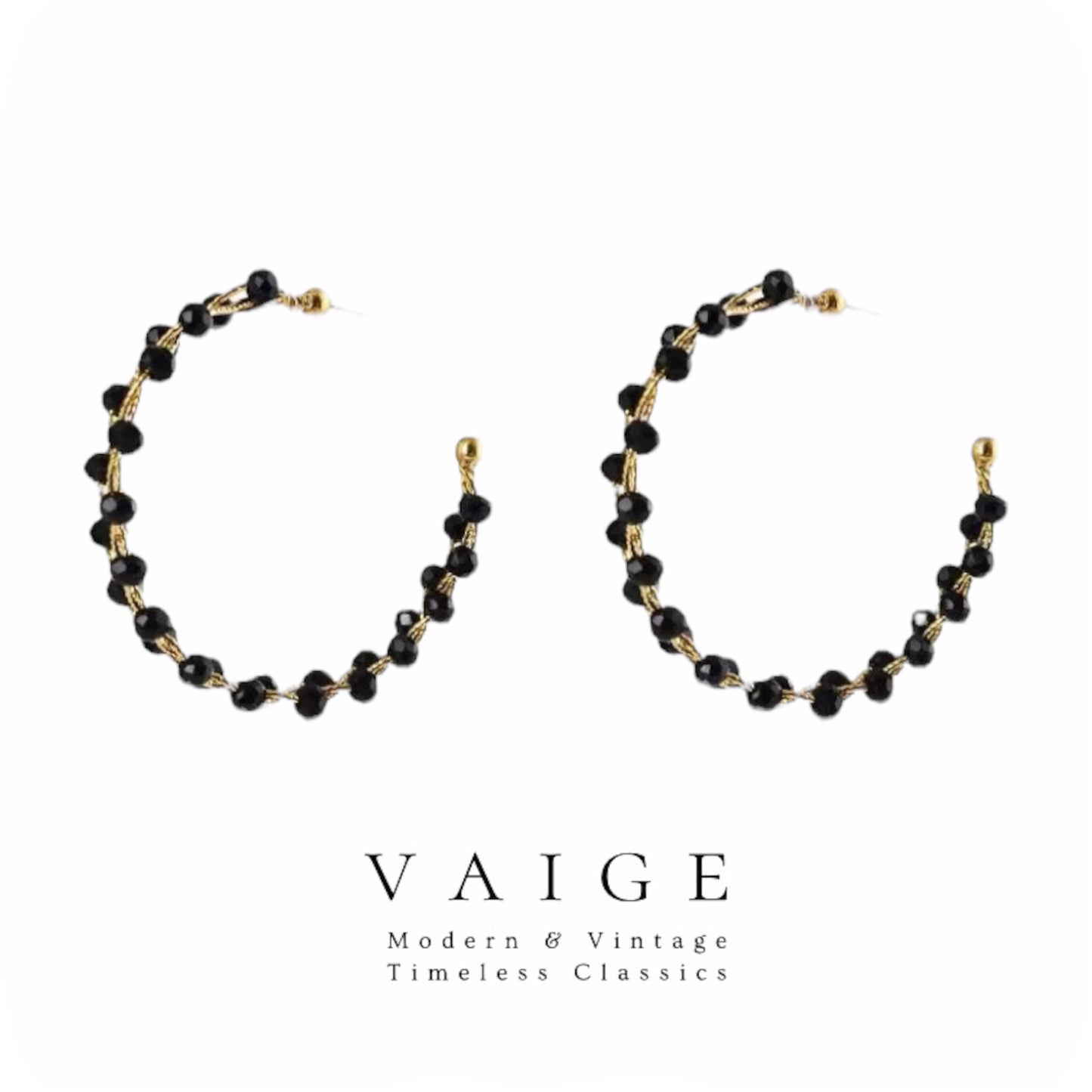 VAIGE Elegant Black Geometric Crystal Gold Earrings