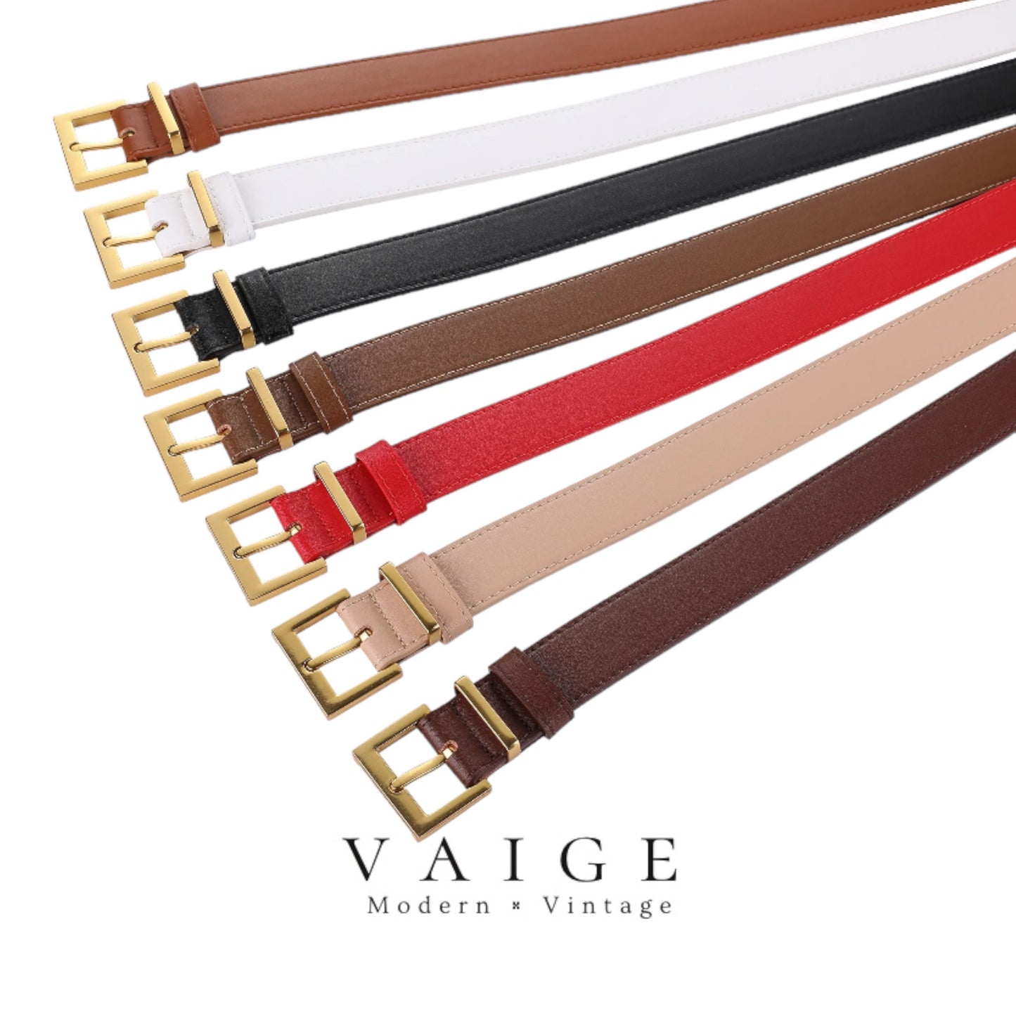 VAIGE Chic Nora Leather Square Buckle Belt in Classic Black and Tan