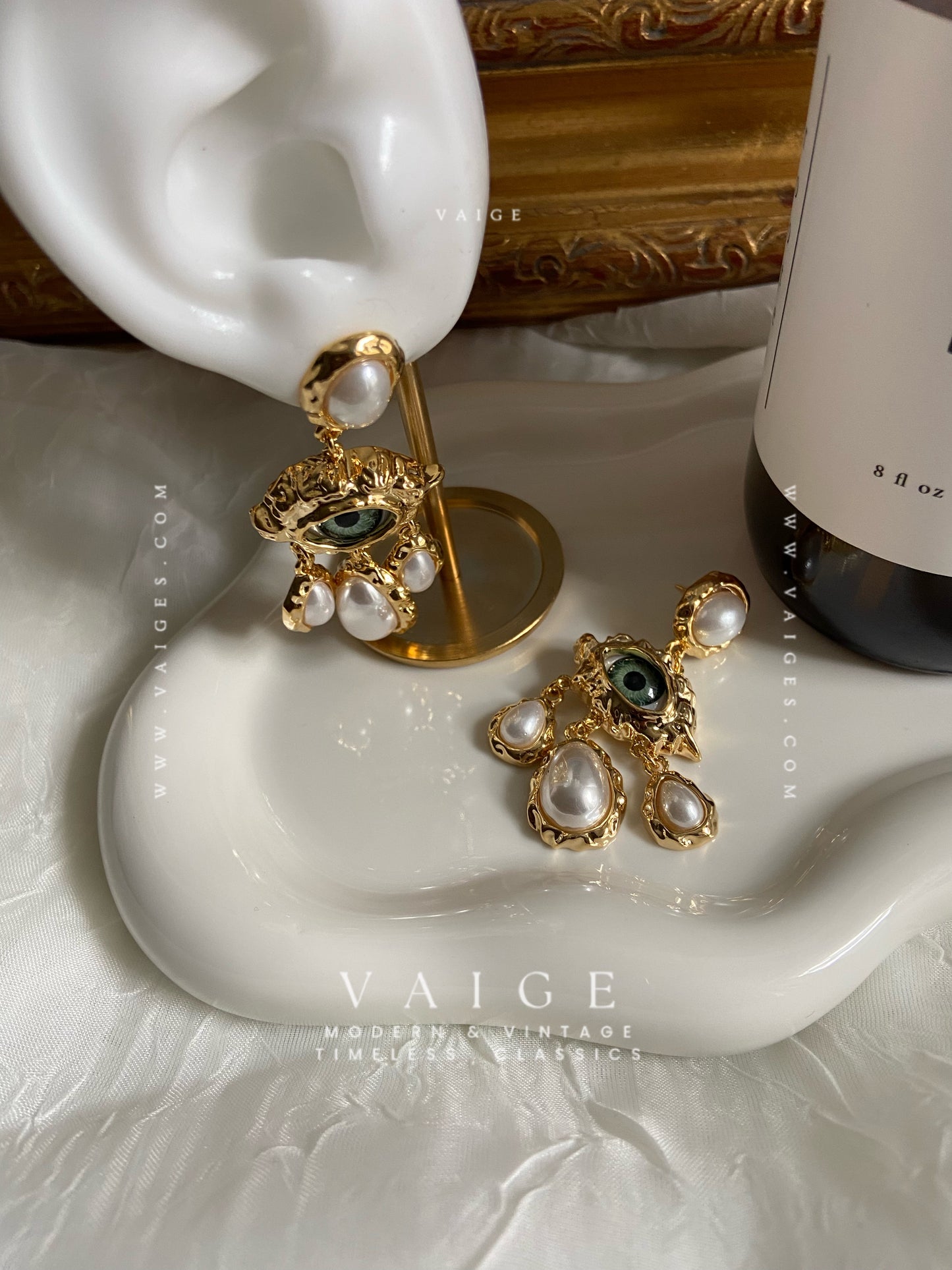 VAIGE Gold Plated Temperament Evil Eye & Pearl Charm Dangle Earrings