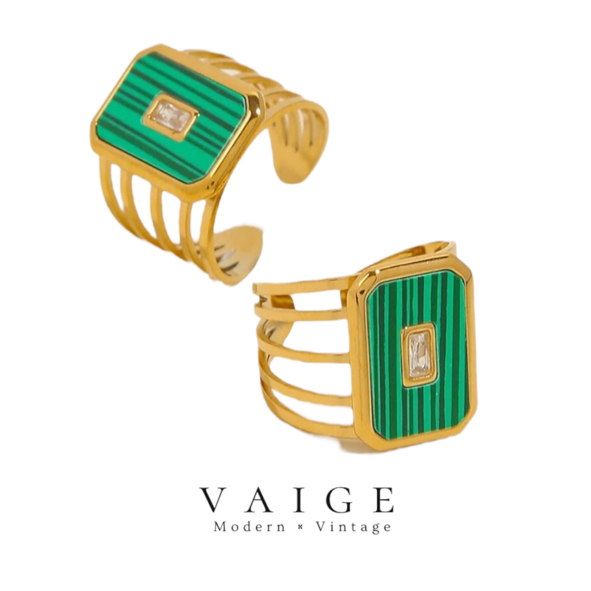 VAIGE Luxe Green Malachite & Gold-Plated Stainless Steel Ring