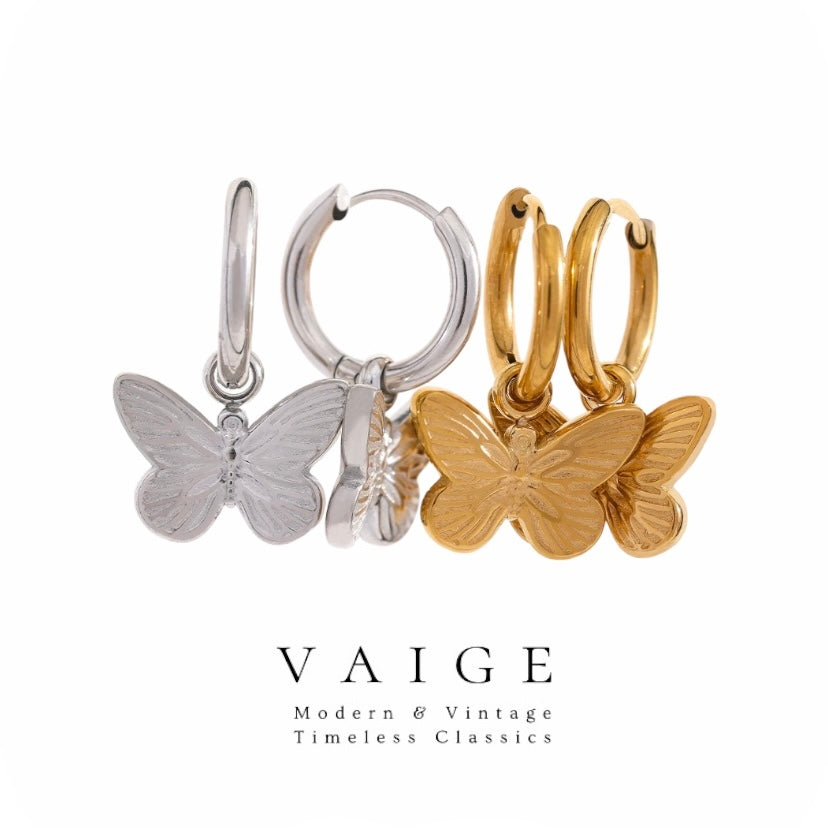 VAIGE Elegant Gold and Silver Butterfly Dangle Huggie Hoop Earrings