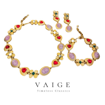 VAIGE Vintage Elegance Pink Cameo and Pearl Gemstone Jewelry Set