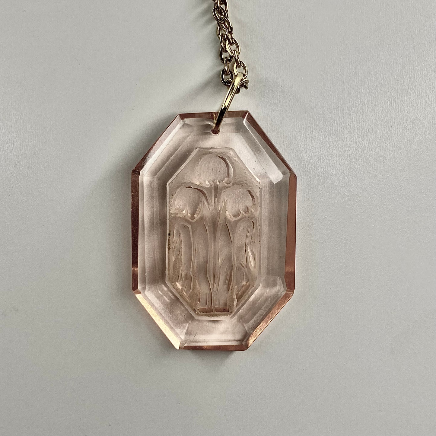 gold pink flower engraved glass   pendant necklace • 16-18in — Vintage Collection • only 1 available • View all photos; item is thrifted/vintage and may show flaws.