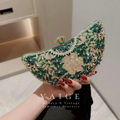 Mabel Diamond zirconia Clutch green gold floral Bags