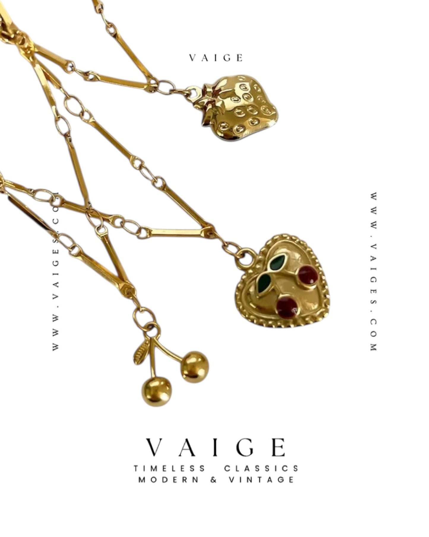 VAIGE Cherry Heart Pendant Necklace Gold Stainless Steel