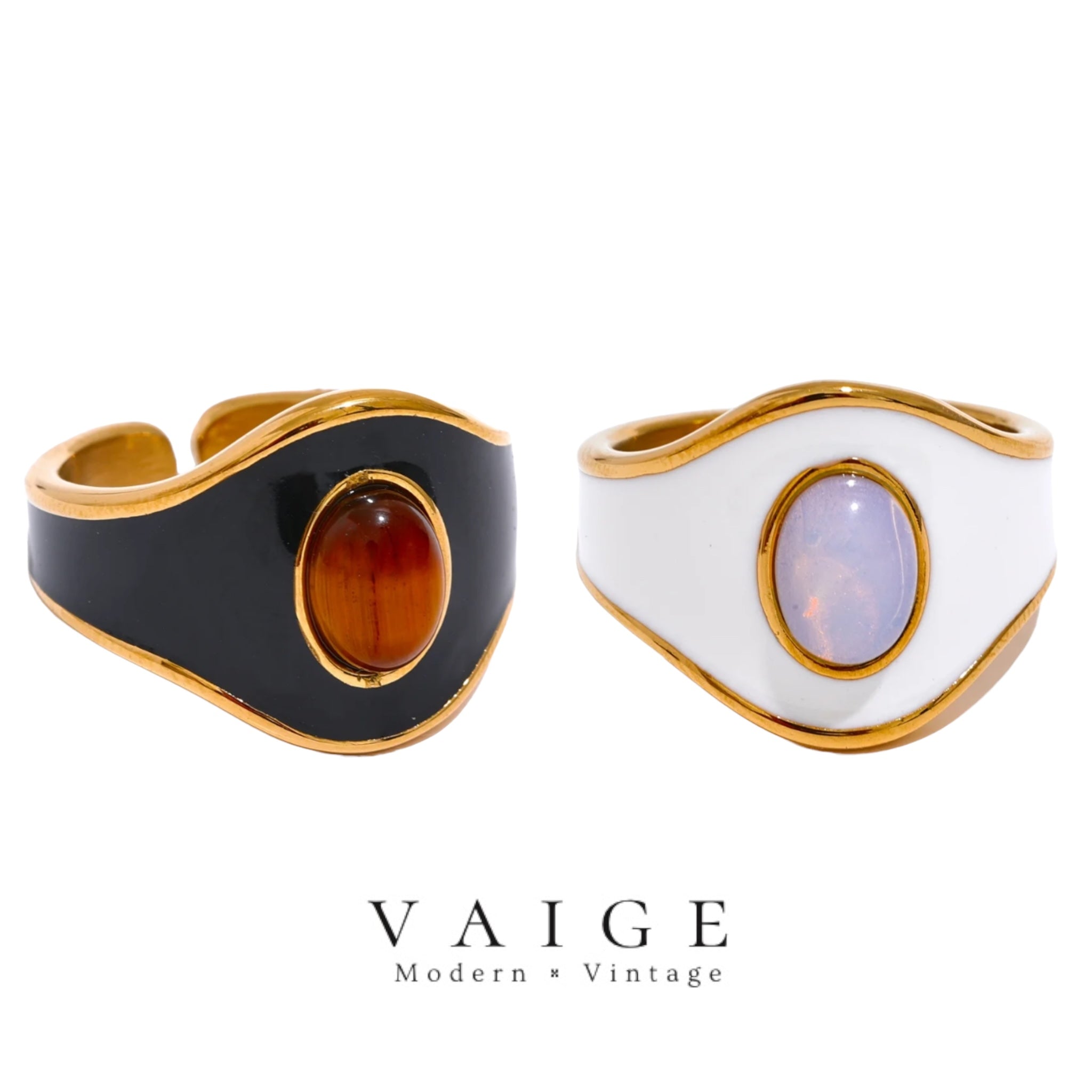 VAIGE Luxe Textured Black and White Enamel Wide Ring with Natural Stone Accents