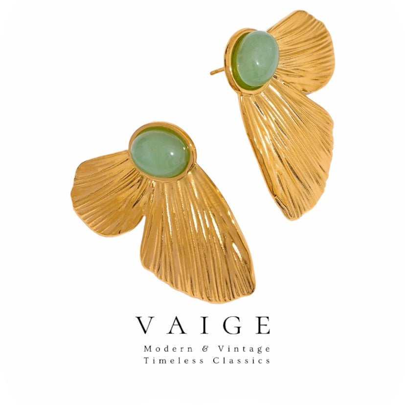 VAIGE Elegant Green Stone Butterfly Wing Gold-Plated Stainless Steel Earrings