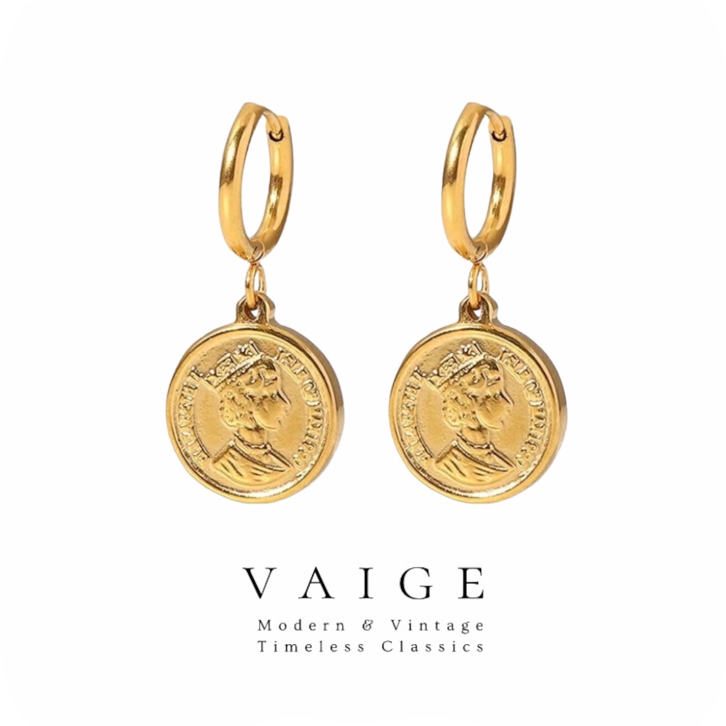 VAIGE Elegant Double-Sided Coin Earrings featuring Queen Elizabeth in Silver and Gold