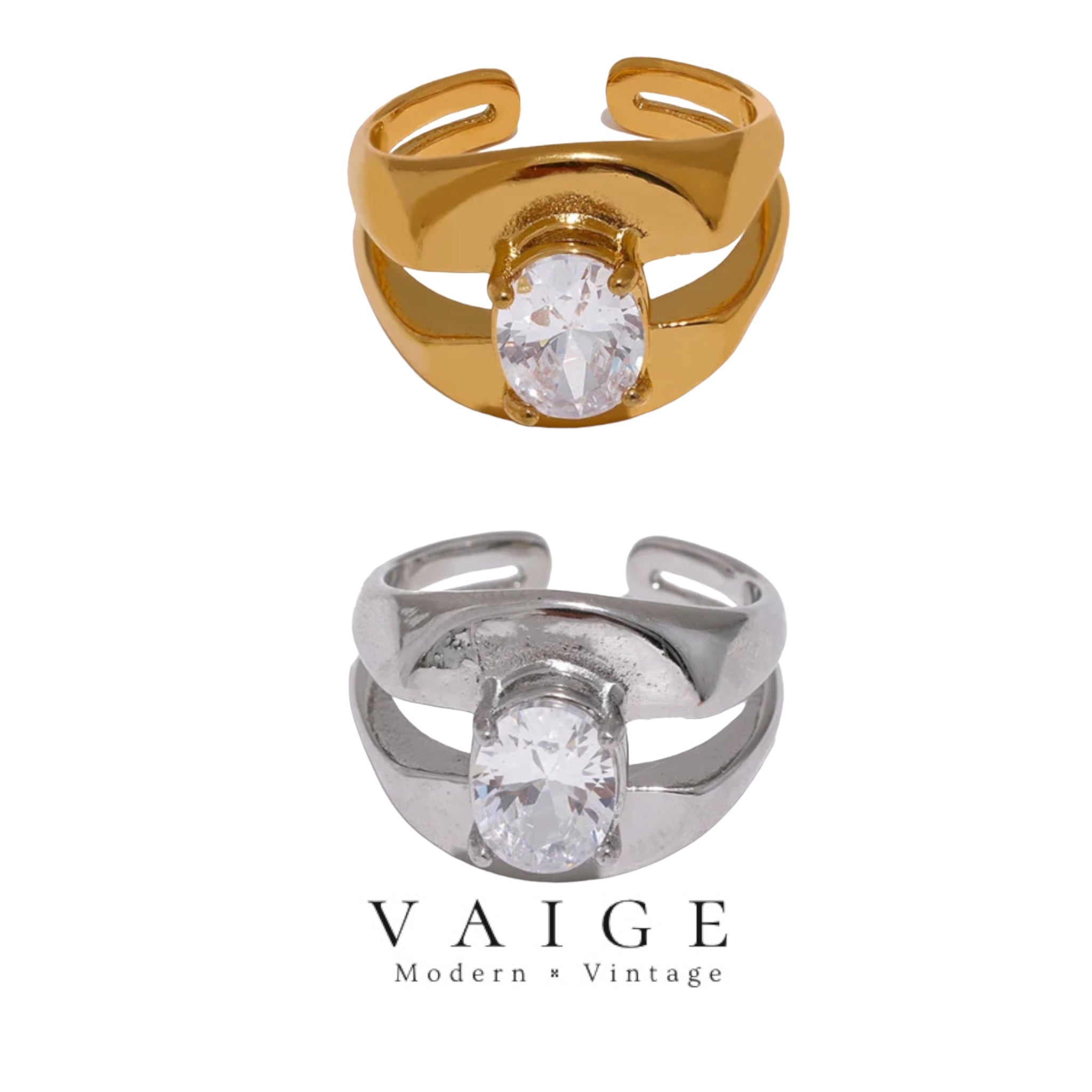 VAIGE Luxe Gold-Plated Geometric Cubic Zirconia Ring in Silver