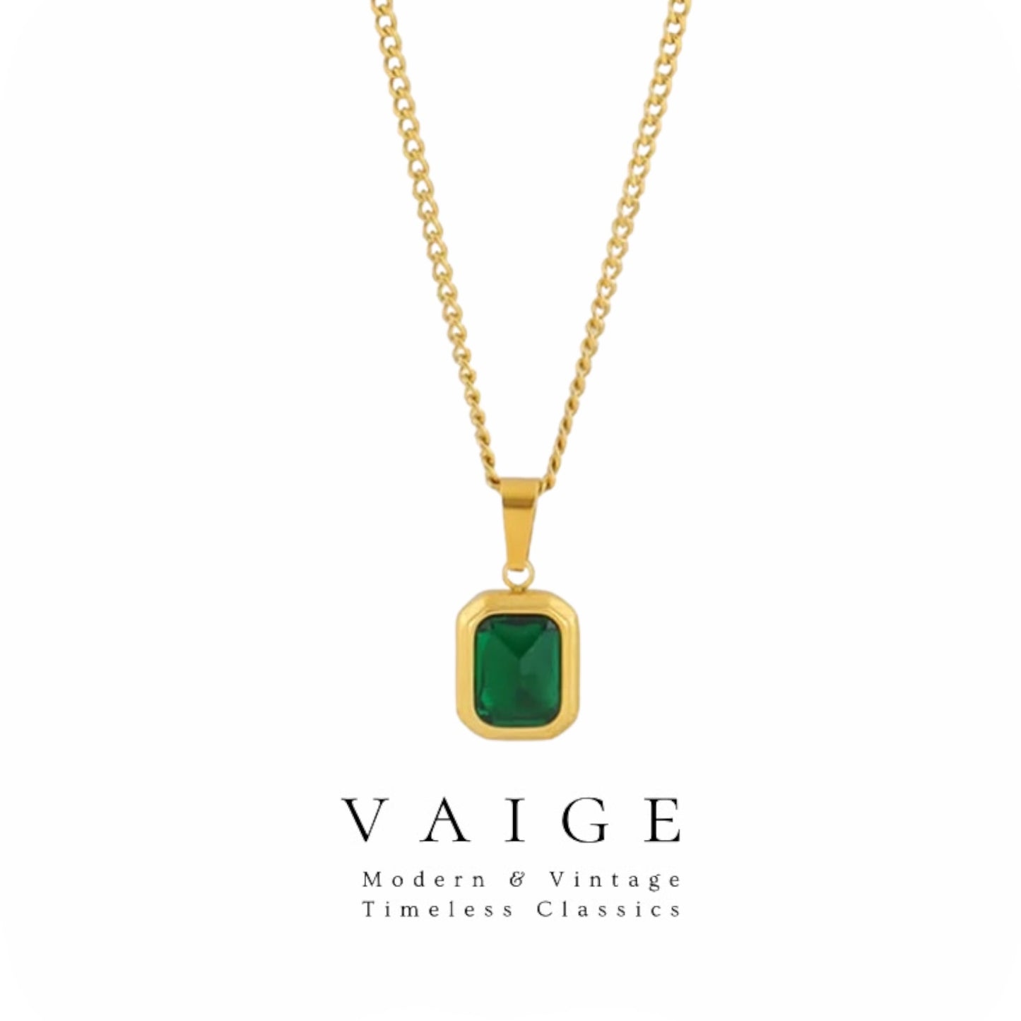 VAIGE Elegant Green Zircon Square Necklace in Gold Stainless Steel