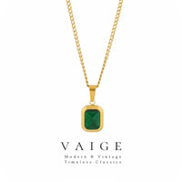 VAIGE Elegant Green Zircon Square Necklace in Gold Stainless Steel