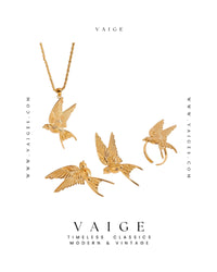 VAIGE Gold Stainless Steel Bird Dove Hummingbird Necklace Ring Earrings Jewelry Set