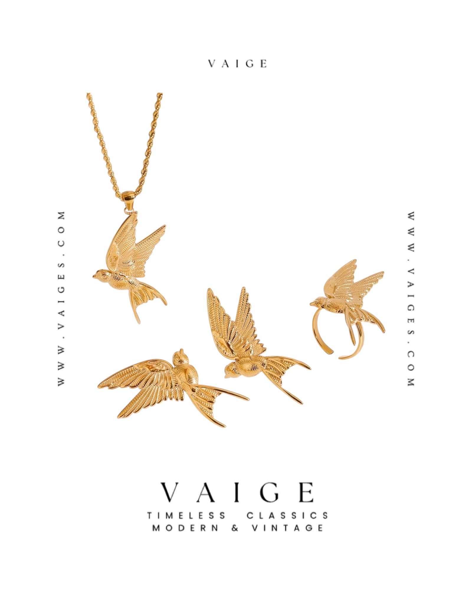 VAIGE Gold Stainless Steel Bird Dove Hummingbird Necklace Ring Earrings Jewelry Set