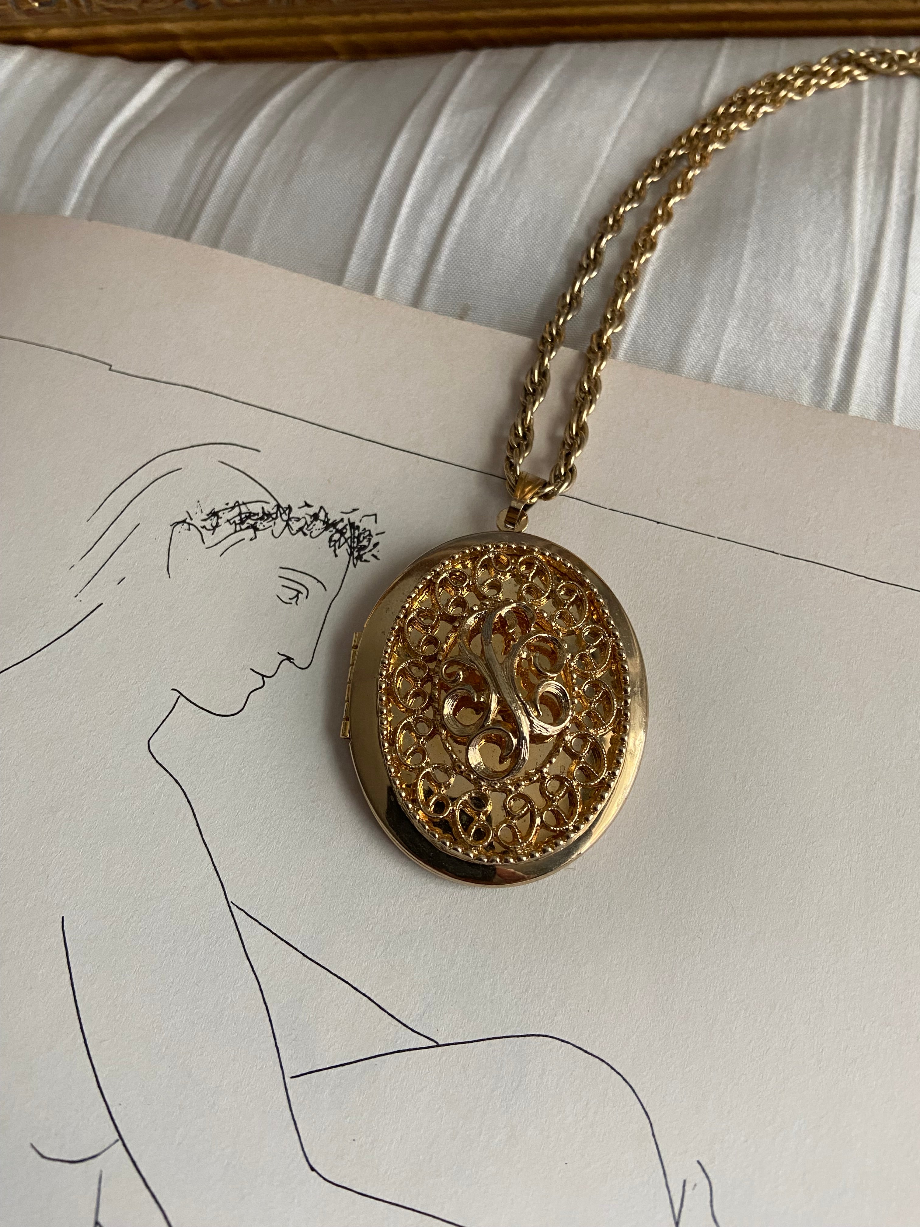 One-of-one | vintage Sarah Coventry monogram large gold locket Necklace