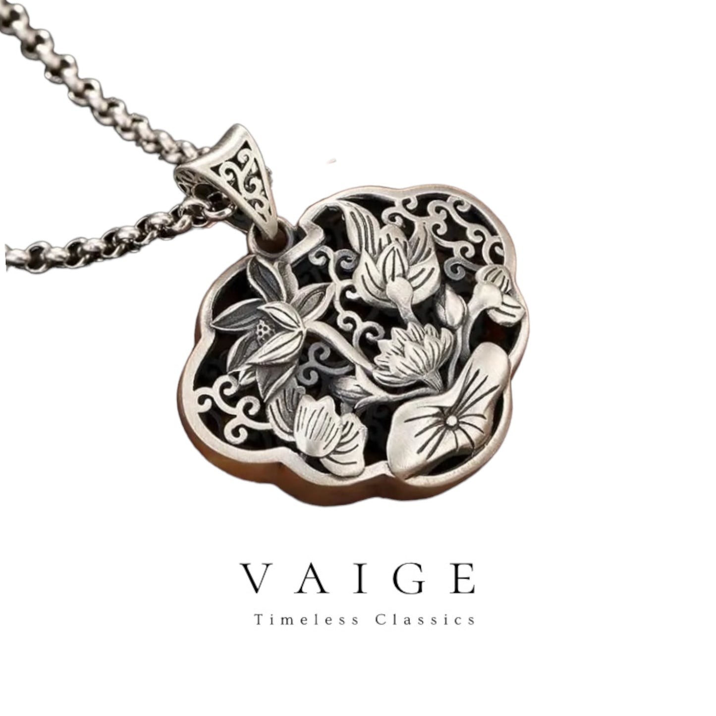 VAIGE Elegant Silver Lotus Flower Pendant Charm in Iridescent Silver and Midnight Blue