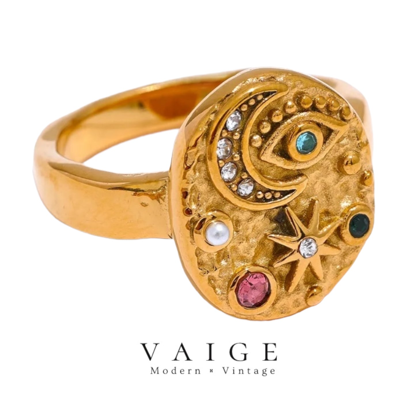 VAIGE Dazzling Star Moon Eye Ring with Colorful Zirconia in Gold and Silver