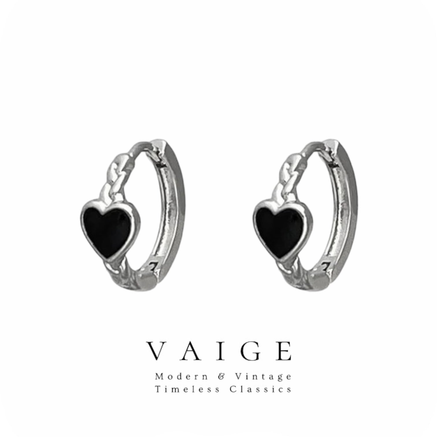 black heart circle silver earrings