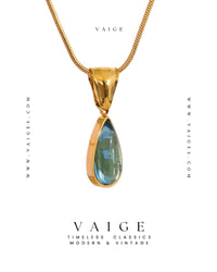 VAIGE Green Glass Crystal Water Drop Pendant Necklace Stainless Steel Gold