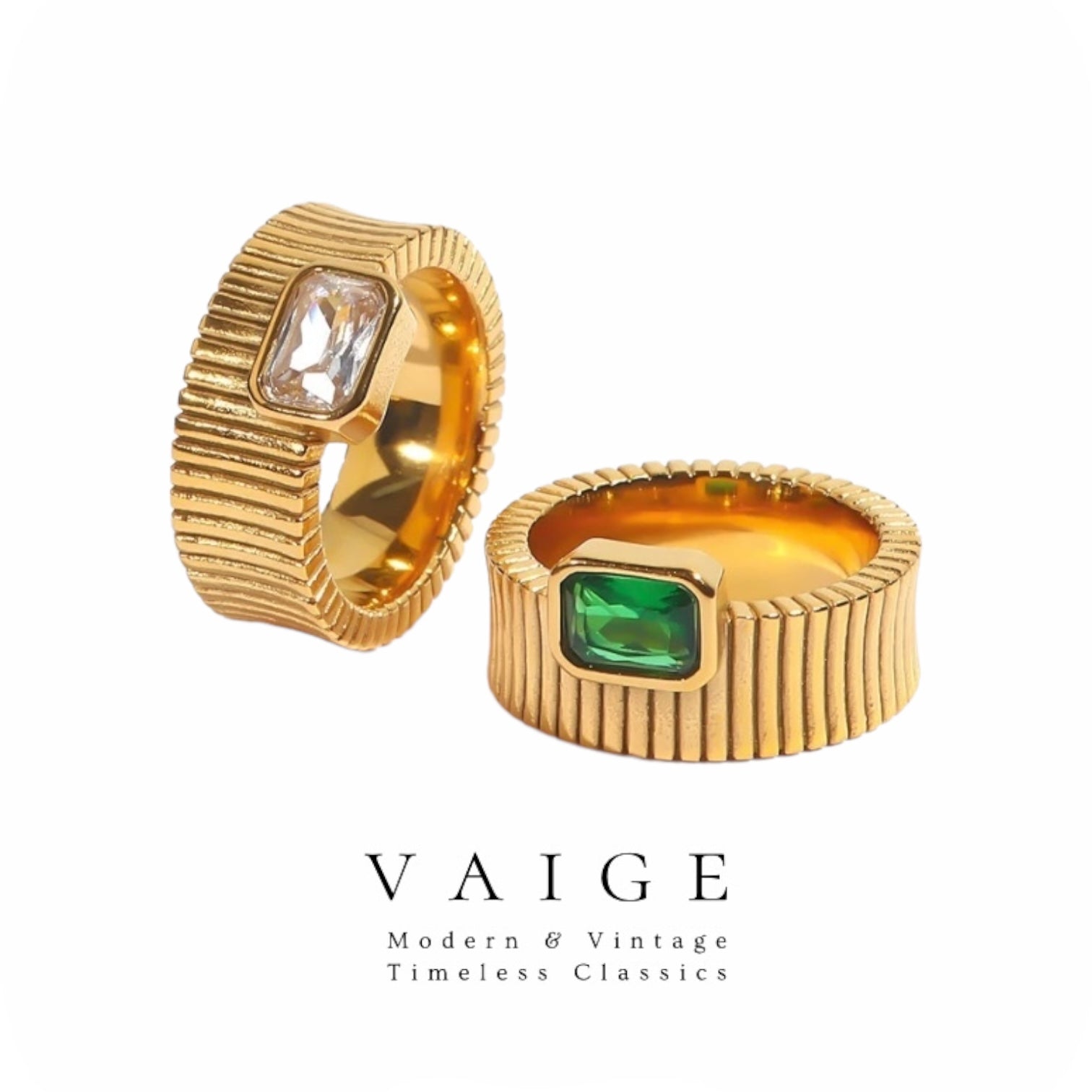 VAIGE Elegant Green & Clear Cubic Zirconia Stripe Ring in Stainless Steel